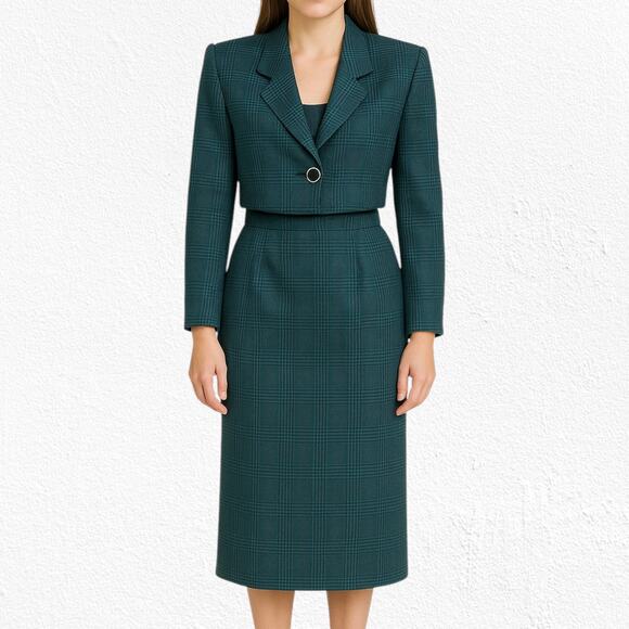 80s Vintage Green Navy Houndstooth Plaid Retro Workwear Power Skirt Suit Size 4 - Picture 2 of 16